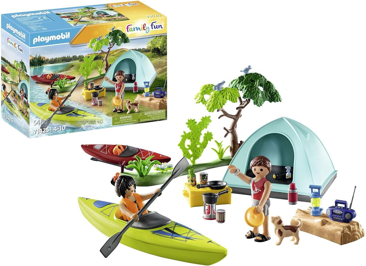 Family Fun | Camping with Campfire playset with figures, kayak, tent, campfire, and dog for imaginative outdoor adventure.