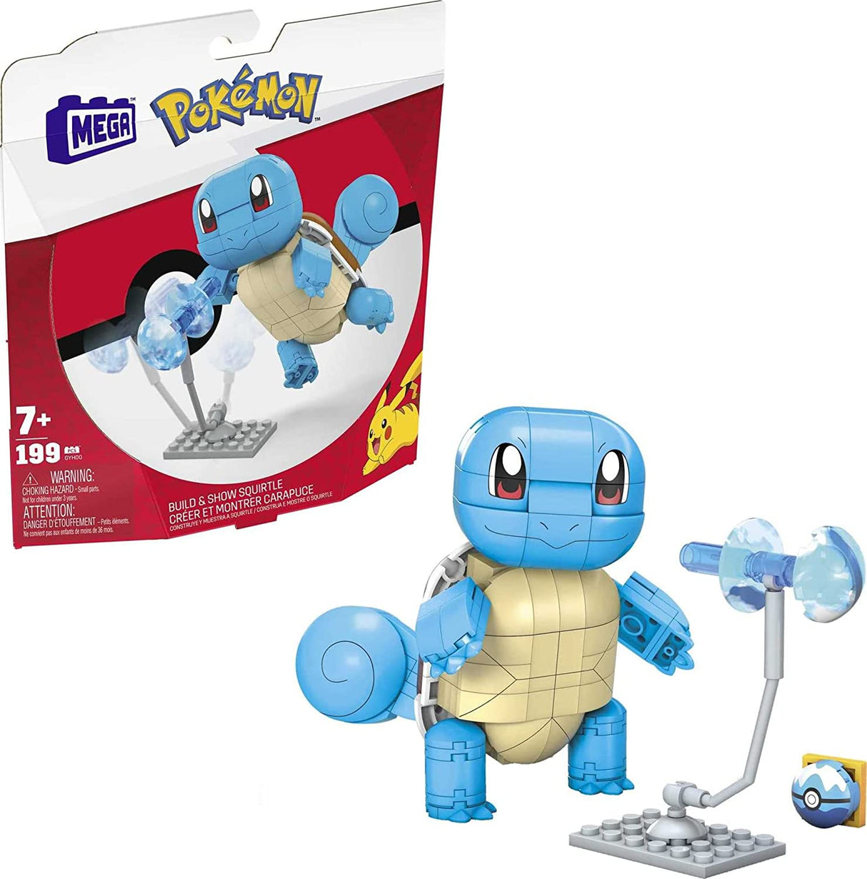 Mega Construx Pokemon Build & Show Squirtle figure with buildable water attack accessory, for ages 7 and up.