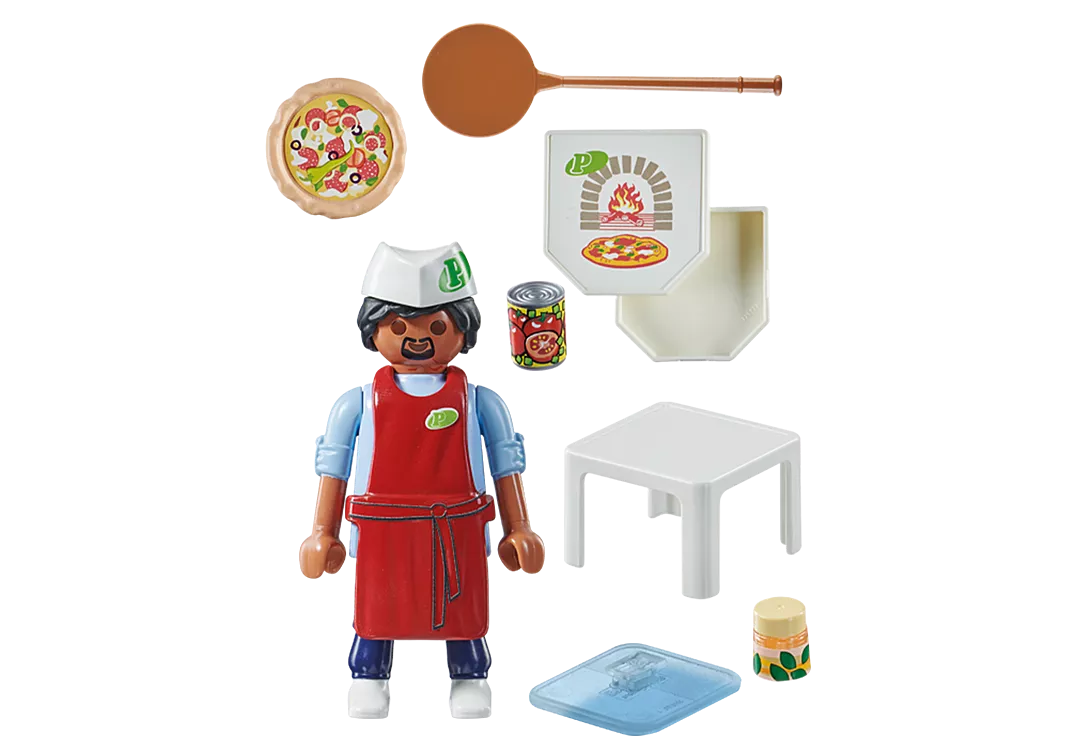 Special Plus | Pizza Chef set with pizza maker figure, wooden board, pizza box, table, and accessories for kids.
