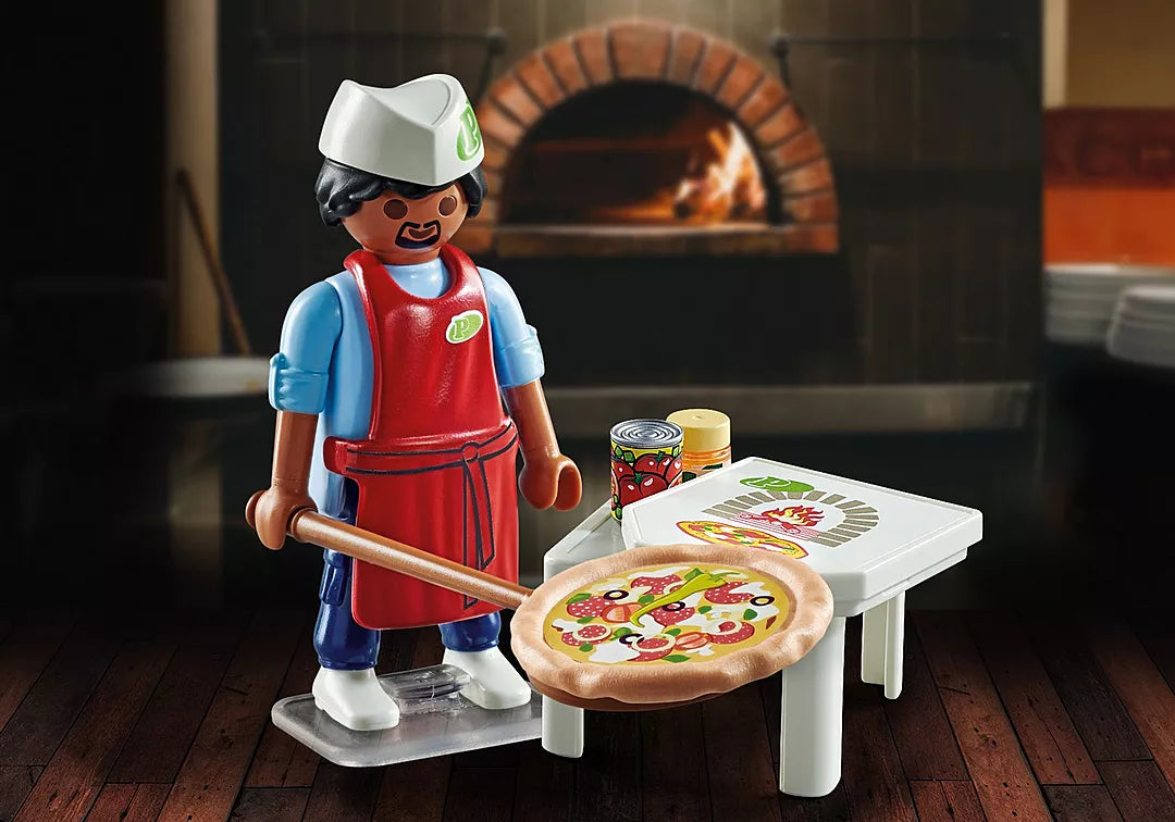 Special Plus | Pizza Chef playset with chef figure, pizza on wooden board, table, and accessories by a brick oven.