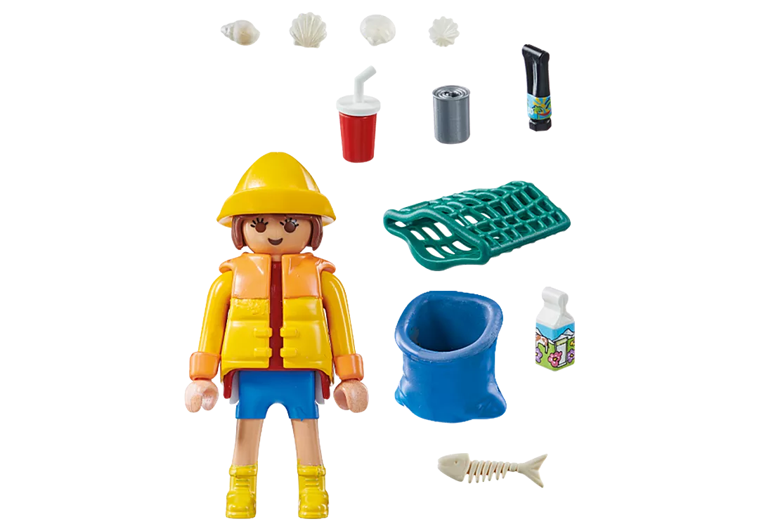 Special Plus | Environmentalist PLAYMOBIL figure with trash bag and beach cleanup accessories for children ages 4 and up.