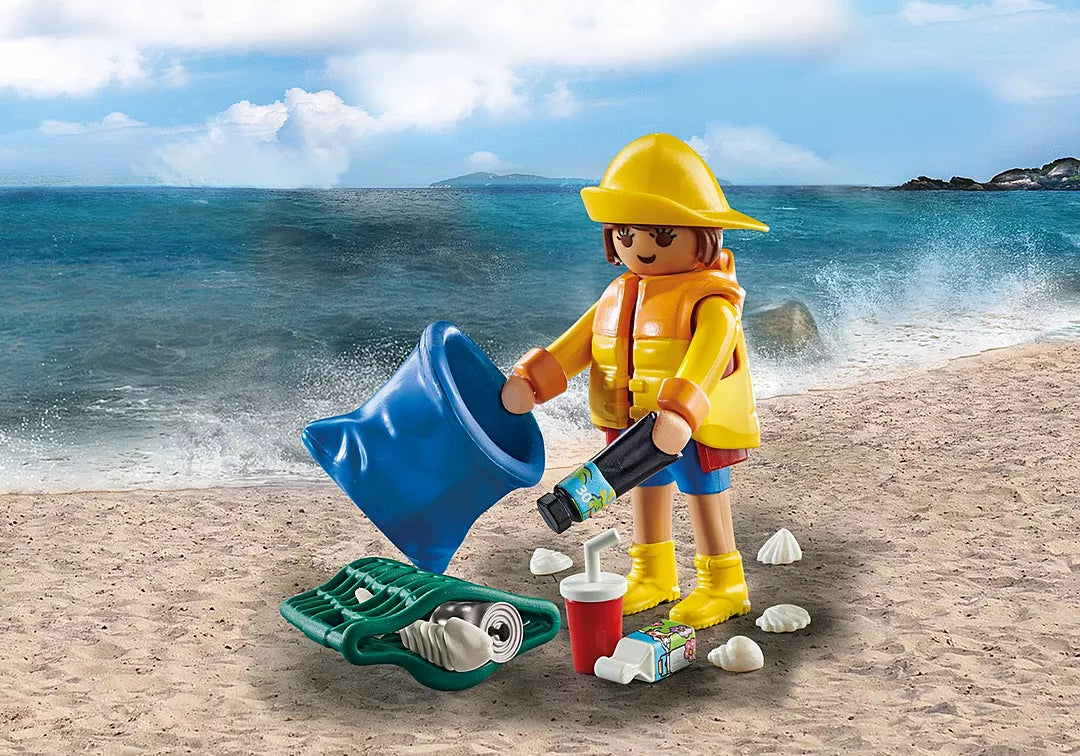 Special Plus | Environmentalist figure cleaning beach trash with bag and recycling items in a friendly ocean setting.