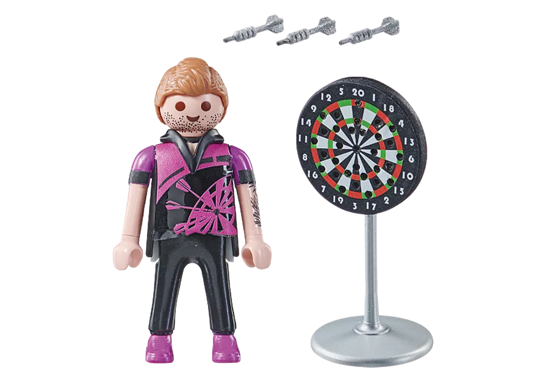 Special Plus | Darts Player with figure, dartboard, and three darts set for skillful dart playing and target practice.