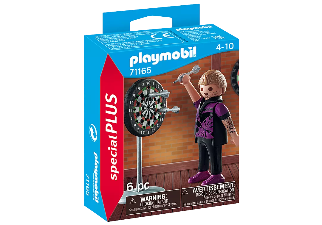 Special Plus | Darts Player featuring a Playmobil figure aiming darts at a detailed dartboard toy set.