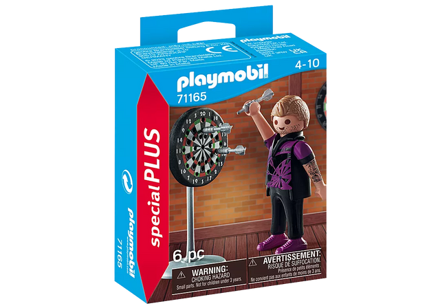 Special Plus | Darts Player featuring a Playmobil figure aiming darts at a detailed dartboard toy set.