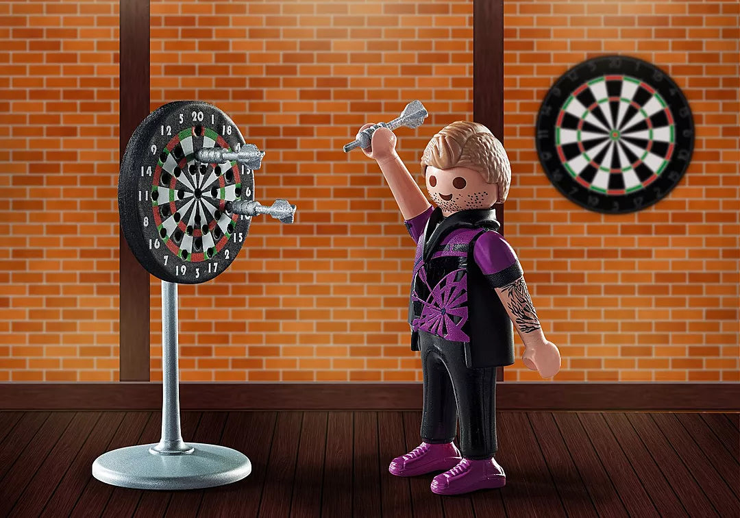 Special Plus | Darts Player with figure aiming darts at dartboard in a brick-walled room, perfect score display.