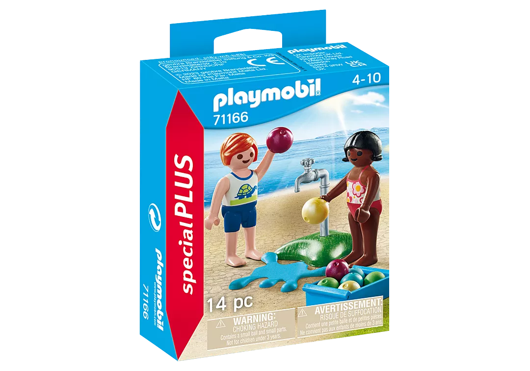 Special Plus | Children w/Water Balloons playset with two figures, faucet, water puddle, container, and water balloons.