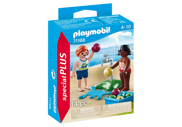 Special Plus | Children w/Water Balloons playset with two figures, faucet, water puddle, container, and water balloons.