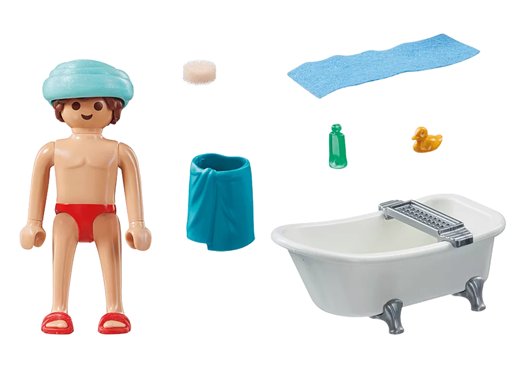 Special Plus | Man w/Bathtub set with figure, bathtub, towel, slippers, rubber duck, and bath accessories for relaxing play.