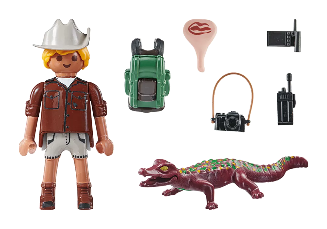 Special Plus | Researcher w/Alligator figure with alligator, camera, backpack, and walkie-talkie accessories for kids ages 4 and up.
