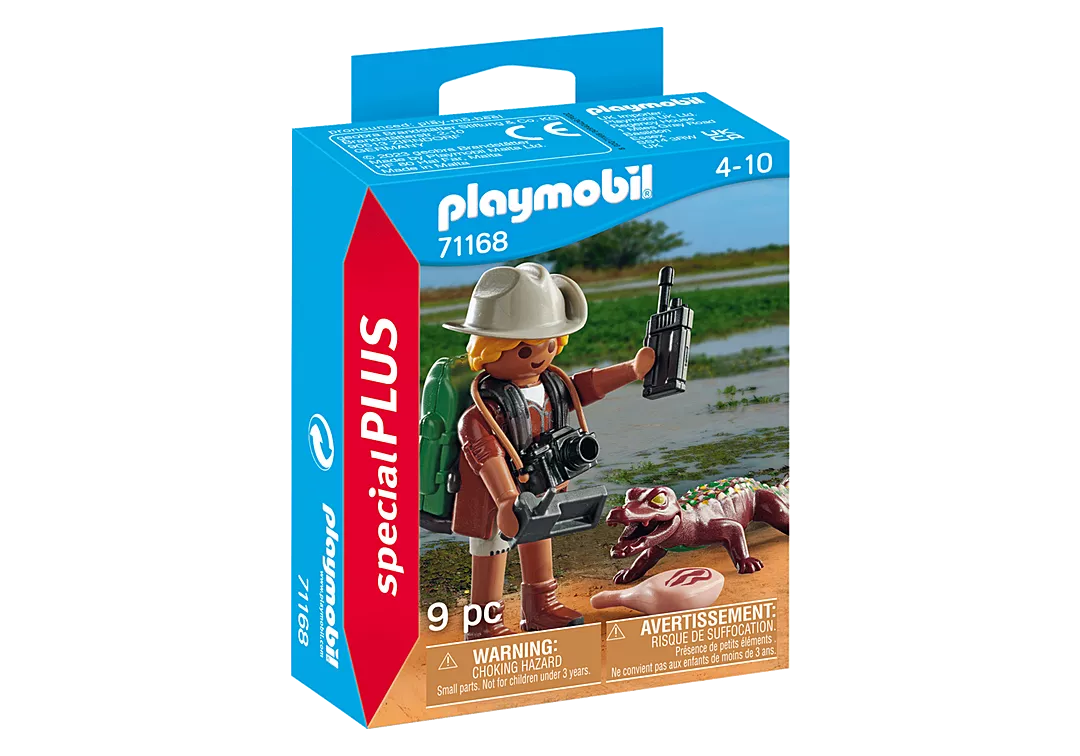 PLAYMOBIL Special Plus | Researcher w/Alligator set with explorer figure and young alligator in natural wetlands.