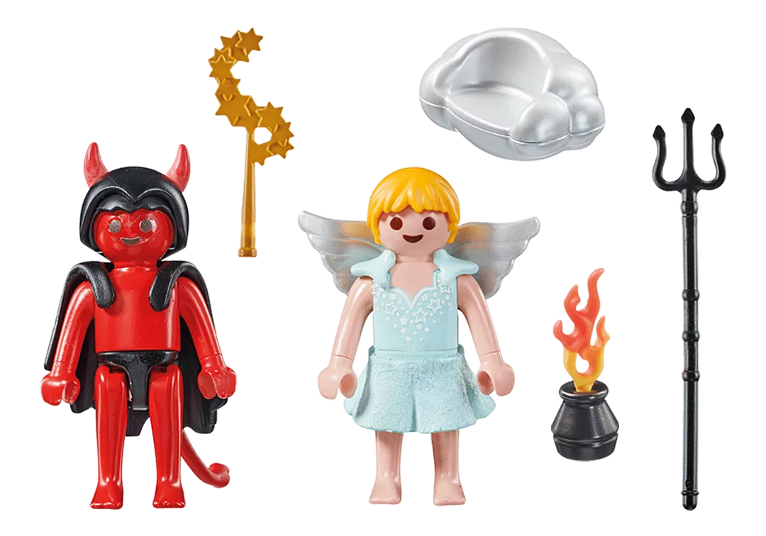 Special Plus Little Angel & Devil toy set with devil, angel, fire, cloud seat, and pitchfork for imaginative play.