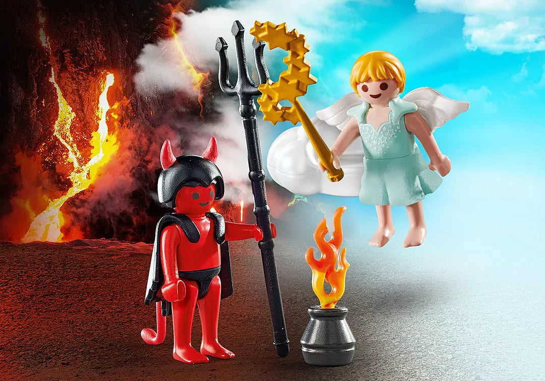 Special Plus | Little Angel & Devil figurines meet by fire and cloud with bright lava and blue sky background.