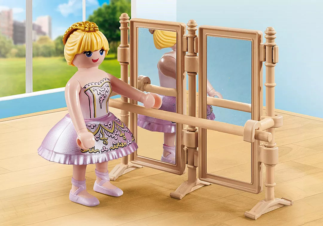 Special Plus | Ballerina figure practicing ballet with a mirror and barre in a bright dance studio setting.