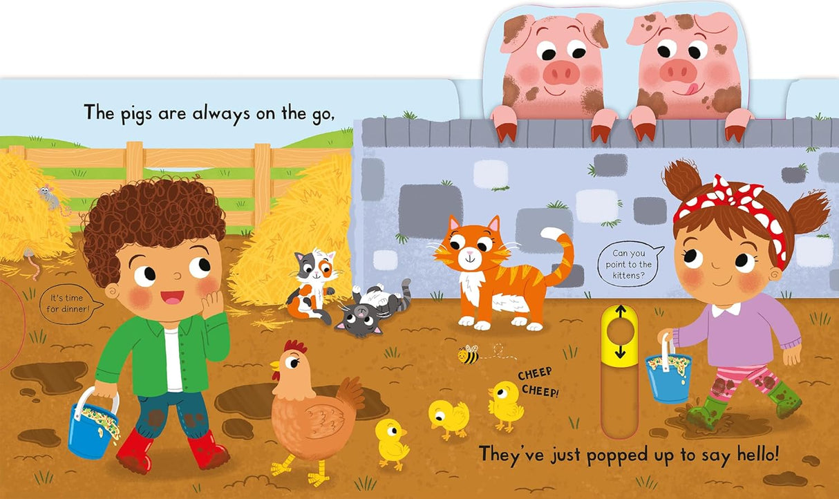 Busy Farm Push/Pull/Slide board book scene with children, farm animals, and colorful interactive elements.