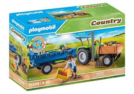 Country | Harvester Tractor w/Trailer toy set with tiltable loading area, large tires, and farmer figure for creative play.