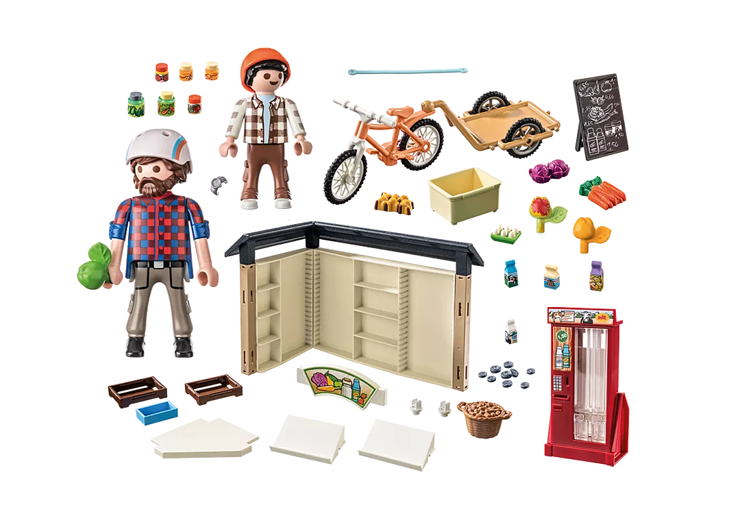 Country | Country Farm Shop PLAYMOBIL set with farm shop, bike trailer, fresh produce, and farmer figures.