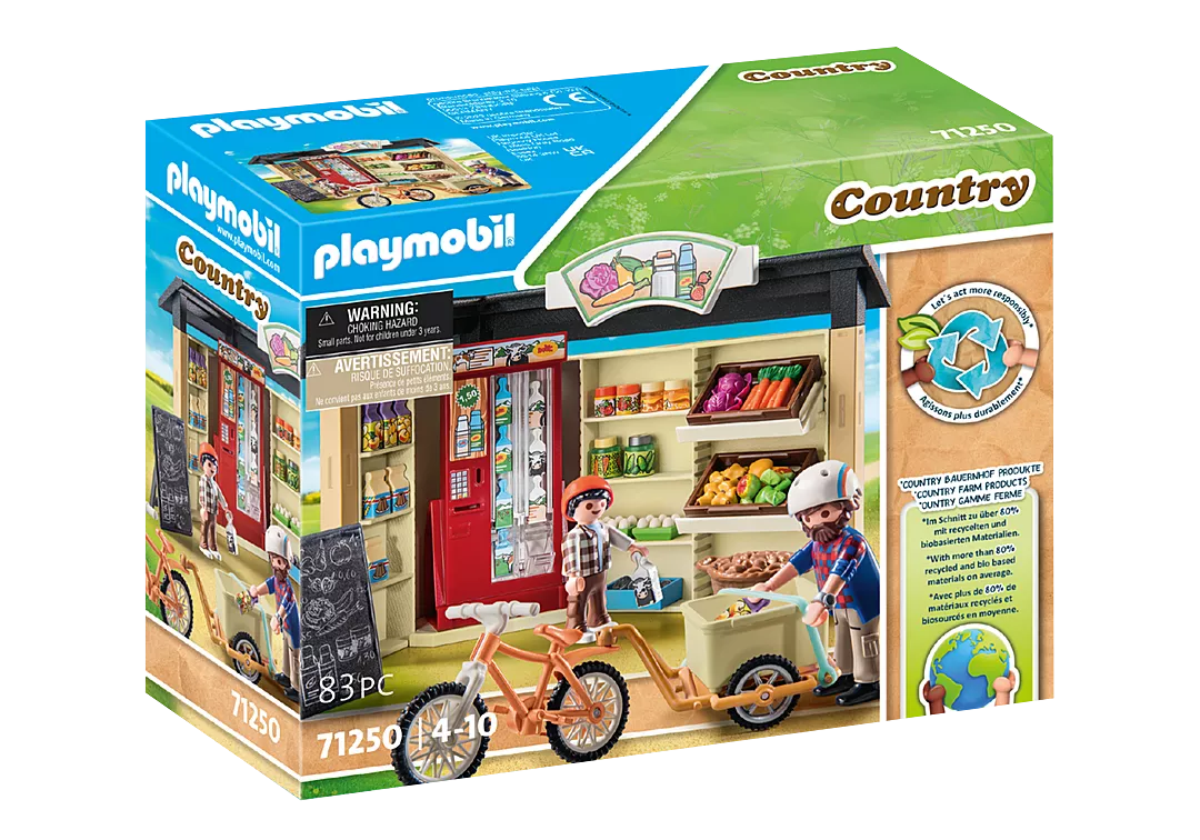 PLAYMOBIL Country | Country Farm Shop toy set with farm shop, bicycle trailer, and farmer figures for kids.