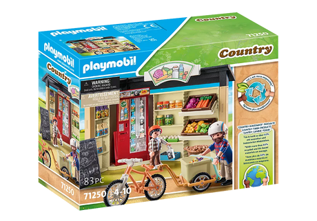 PLAYMOBIL Country | Country Farm Shop toy set with farm shop, bicycle trailer, and farmer figures for kids.