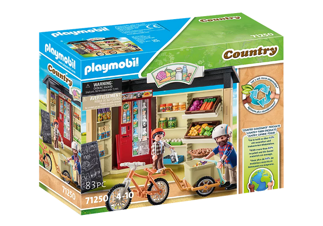 PLAYMOBIL Country | Country Farm Shop toy set with farm shop, bicycle trailer, and farmer figures for kids.