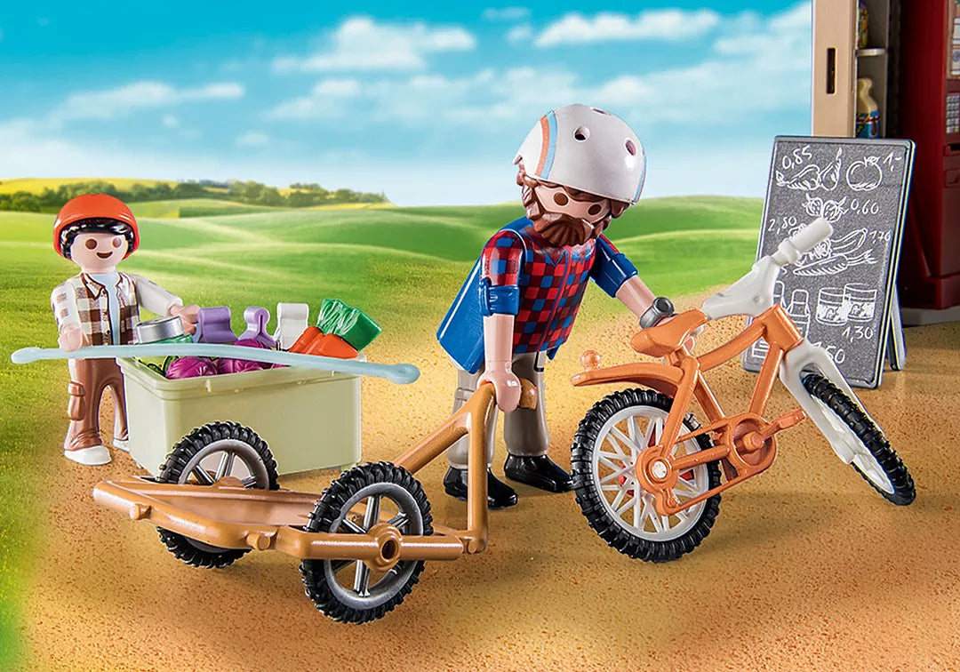 PLAYMOBIL Country | Country Farm Shop with figures, bicycle trailer, fresh produce, and farm shop chalkboard display.