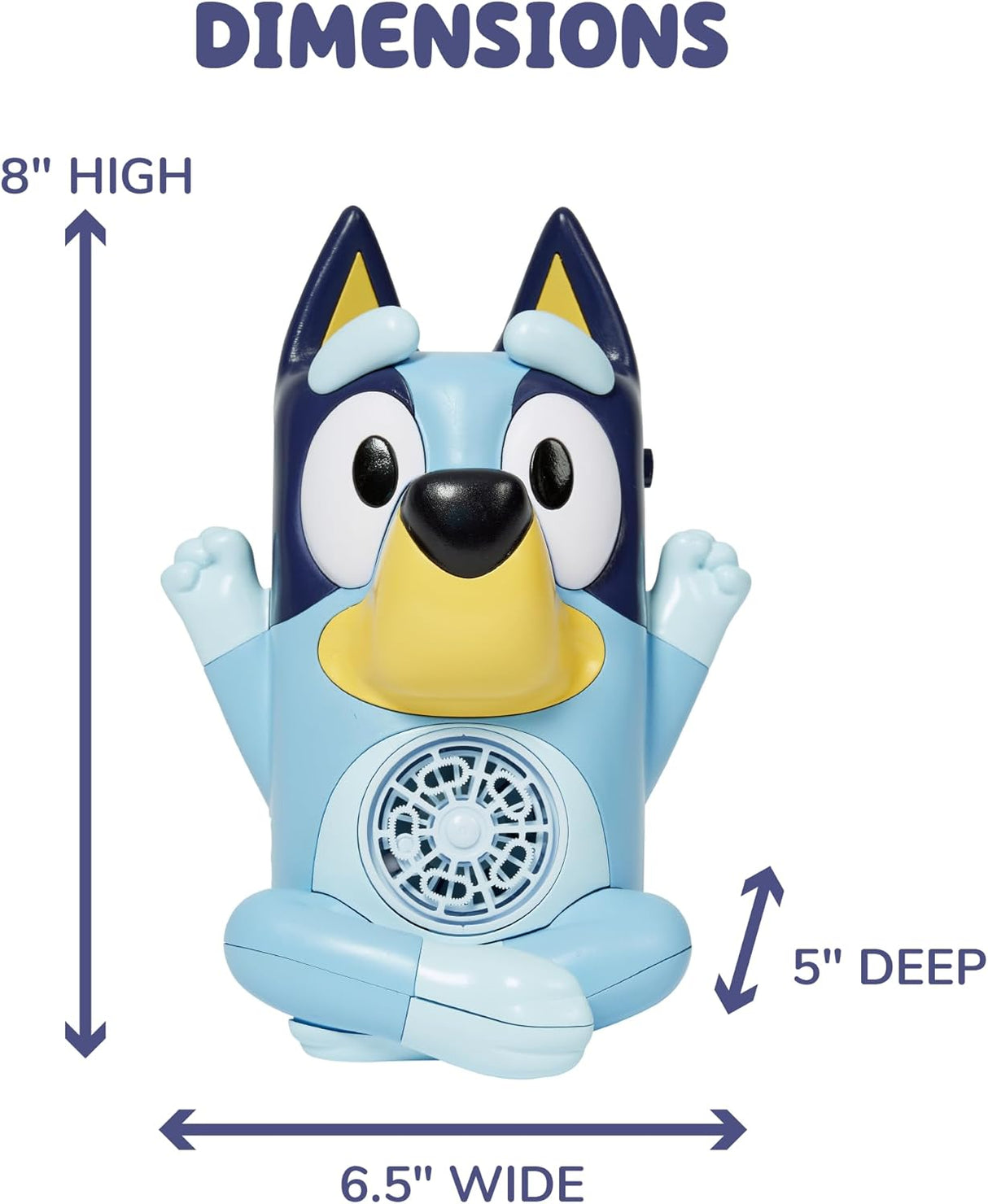 Bluey No-Spill Musical Bubble Machine shown with dimensions 8" high, 6.5" wide, and 5" deep in blue character design.