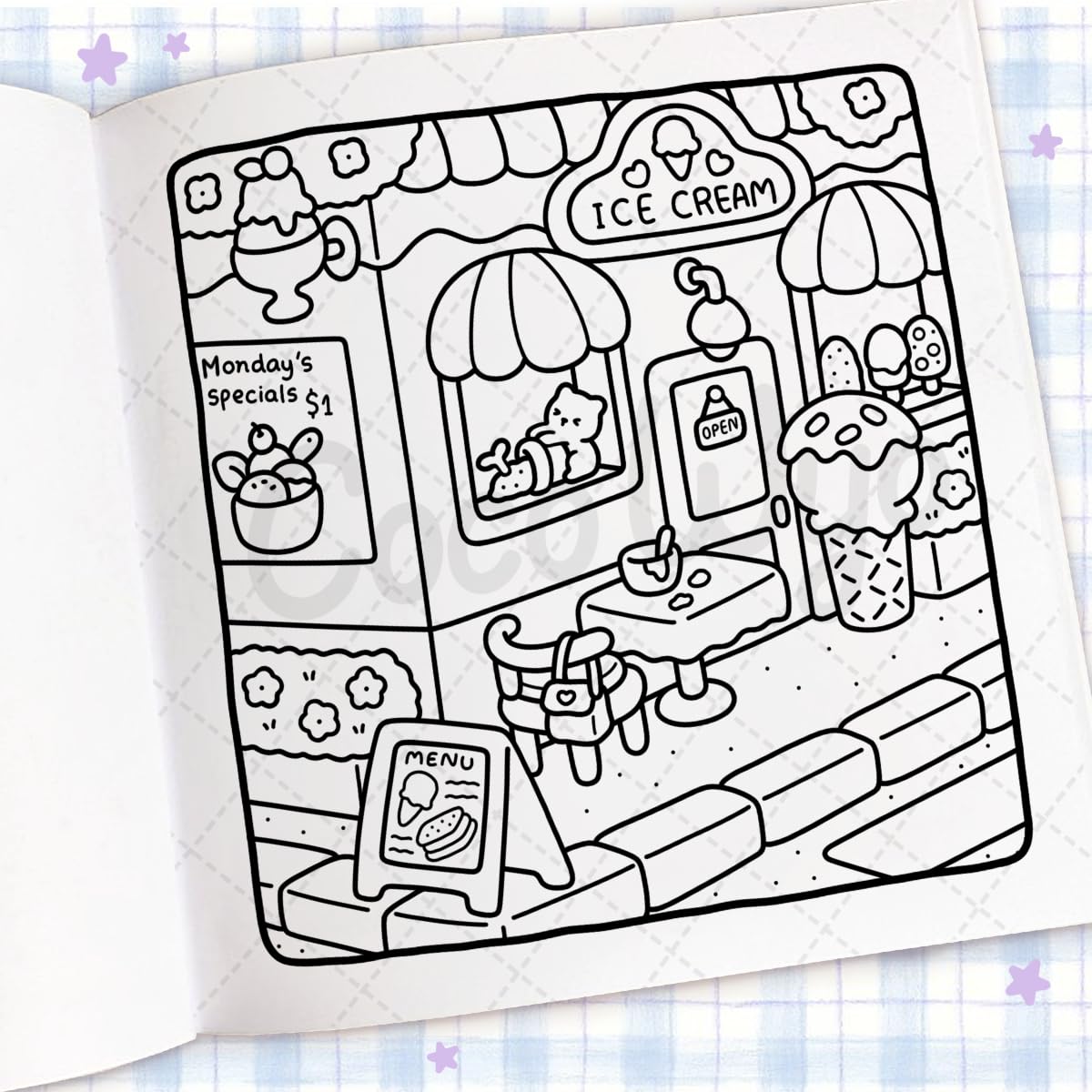 Cozy Corner Coloring Book page featuring a charming ice cream shop with outdoor seating and playful details.
