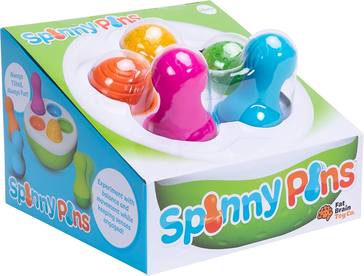 SpinnyPins sensory toy with colorful textured pins and wobbly bowl for motor skills and exploration.