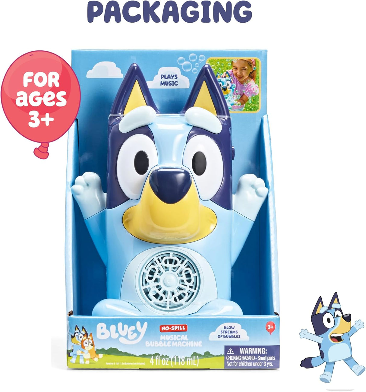 Bluey No-Spill Musical Bubble Machine in packaging, blue dog character design, plays music and blows bubbles for ages 3+