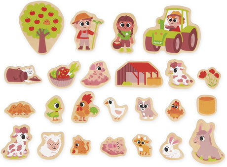 Wooden Magnets | Farm set with 24 colorful farm animals, tractor, and tree for imaginative play and learning.