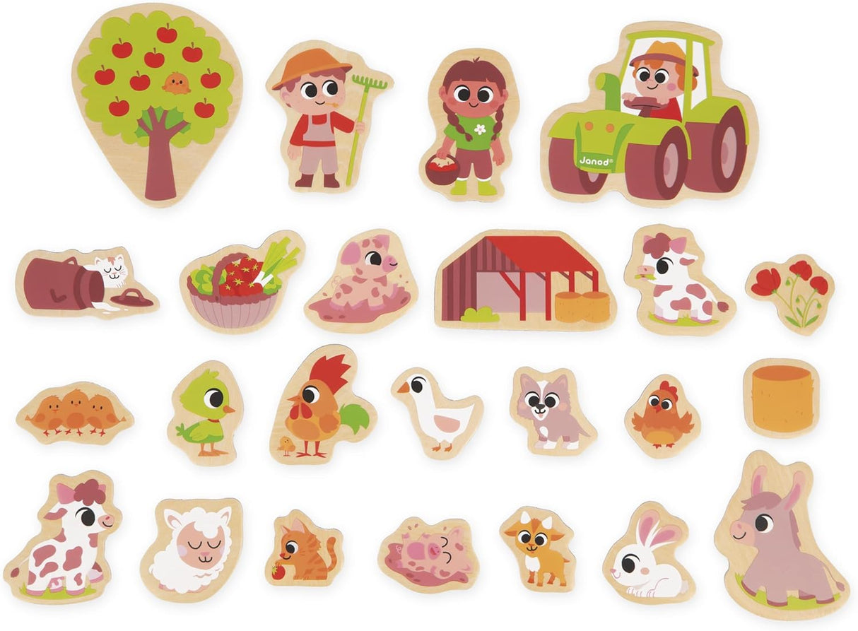 Wooden Magnets | Farm set with 24 colorful farm animals, tractor, and tree for imaginative play and learning.