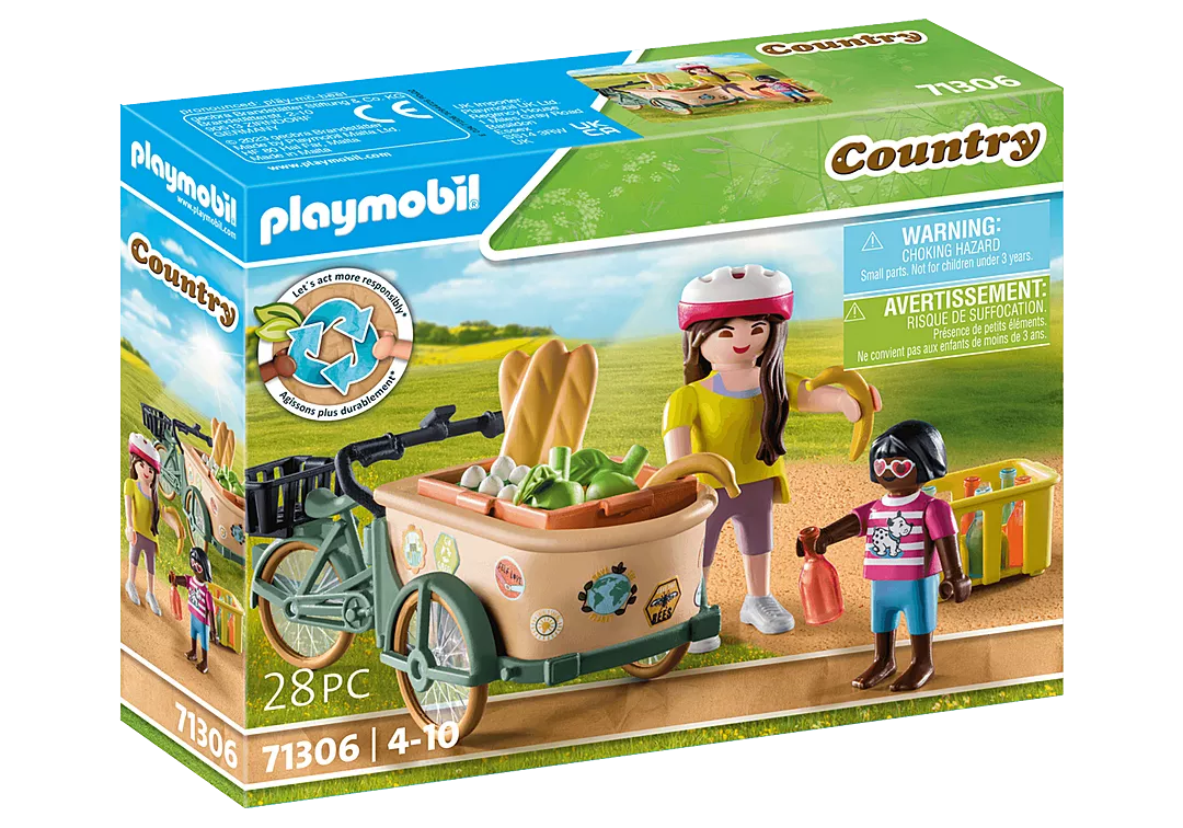 Country | Farmer's Cargo Bike toy set with two figures, cargo bike, grocery crates, and accessories for ages 4 to 10.