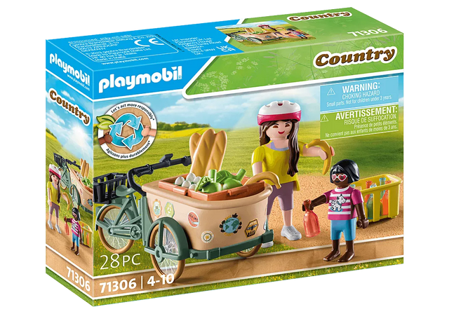 Country | Farmer's Cargo Bike toy set with two figures, cargo bike, grocery crates, and accessories for ages 4 to 10.