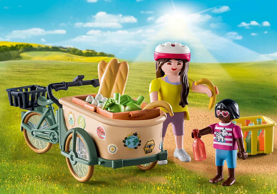 Country | Farmer's Cargo Bike with two figures, front cargo area loaded with groceries in a sunny countryside setting