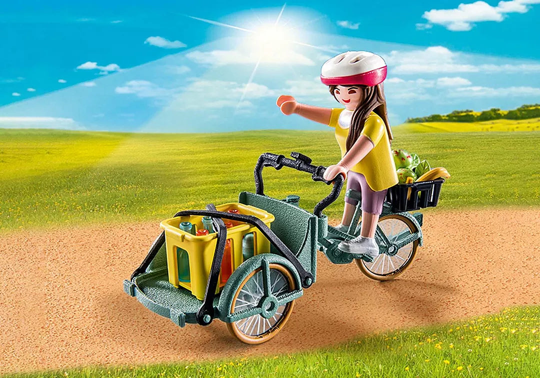 Country | Farmer's Cargo Bike with PLAYMOBIL figure carrying groceries and drinks on a sunny country path.
