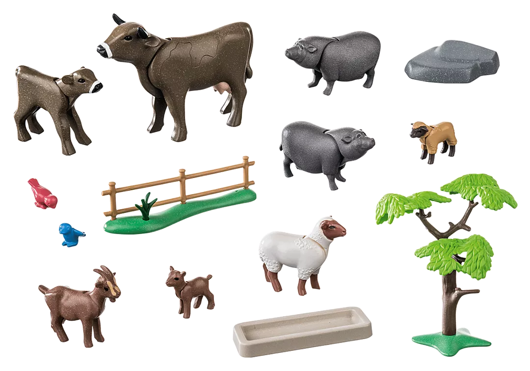Country | Animal Enclosure set with farm animals including cow, goat, sheep, pig, fence, and accessories for ages 4 and up.