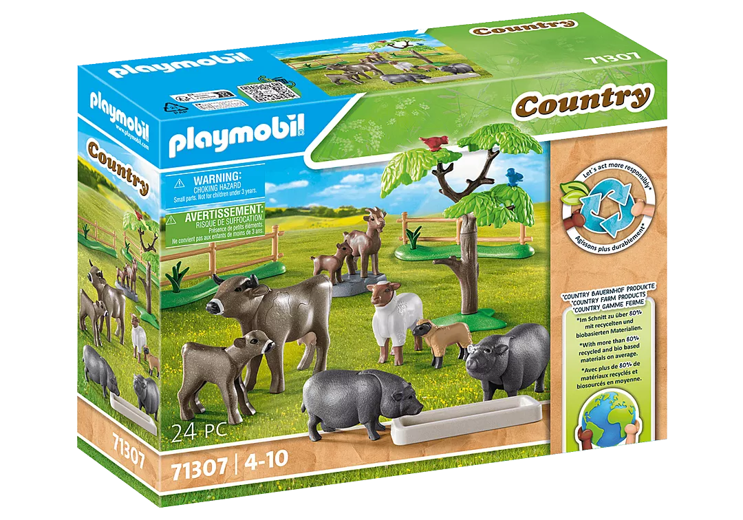 Country | Animal Enclosure with cow, goat, sheep, and pot-bellied pig figures for farm play and pasture care.