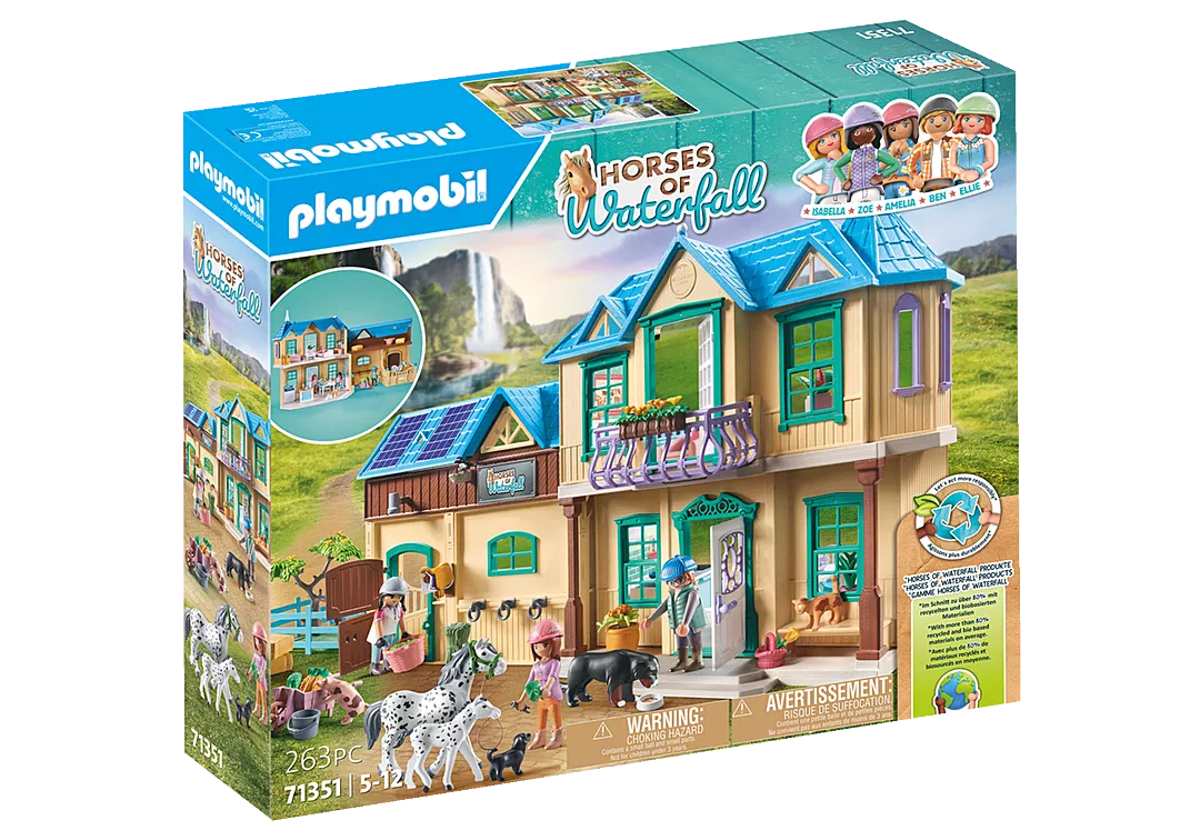 Playmobil Horses of Waterfall Waterfall Ranch toy set featuring stable, horses, and farm figures for imaginative play.