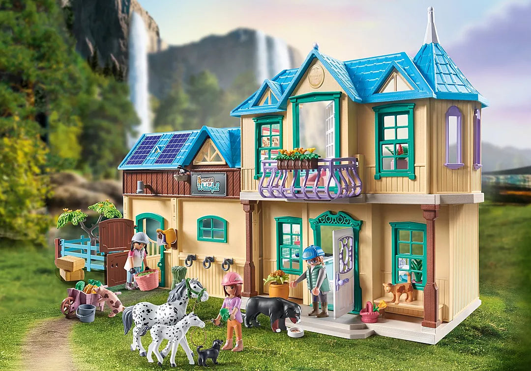 Horses of Waterfall | Waterfall Ranch featuring a detailed horse farm playset with animals and figures by a scenic waterfall.