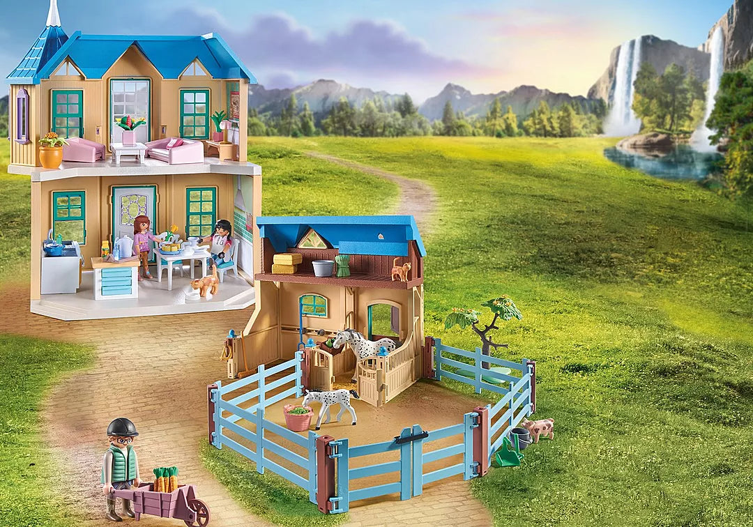 Horses of Waterfall | Waterfall Ranch PLAYMOBIL set with stable, paddock, horses, and farmhouse against scenic waterfall background