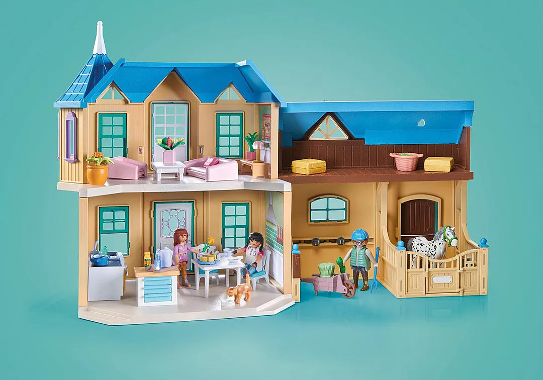 Horses of Waterfall | Waterfall Ranch PLAYMOBIL set featuring ranch house, stable, figures, and farm animals in detailed play scene.