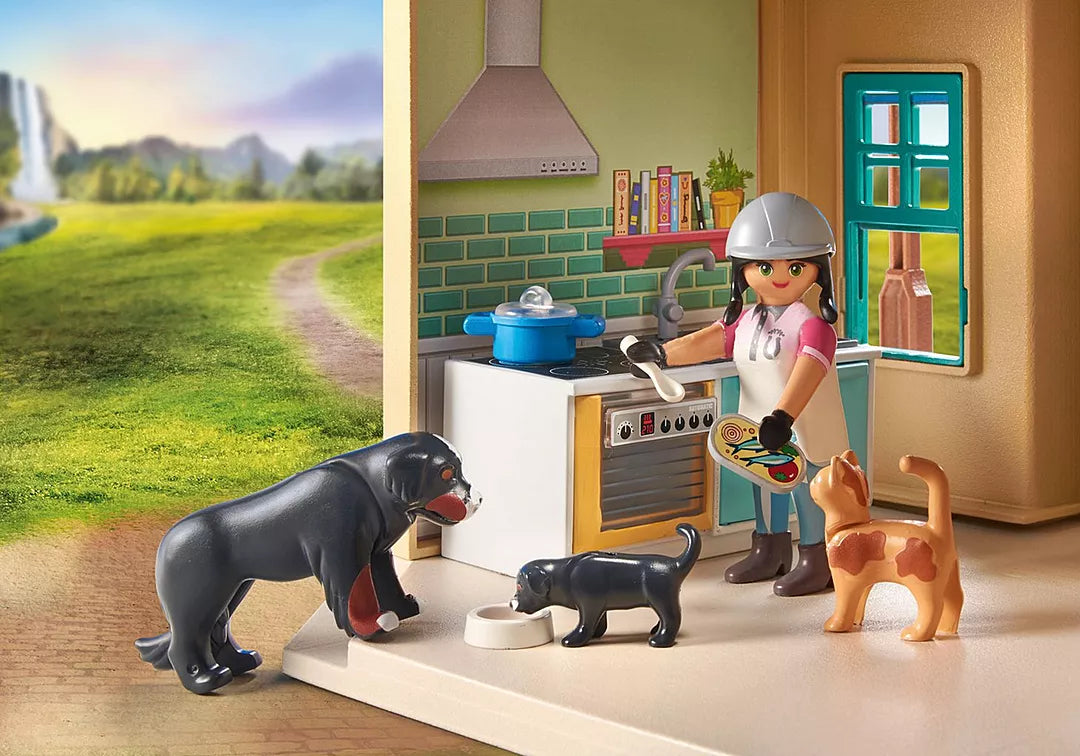 PLAYMOBIL Horses of Waterfall | Waterfall Ranch with a riding instructor and three dogs in a farm kitchen scene