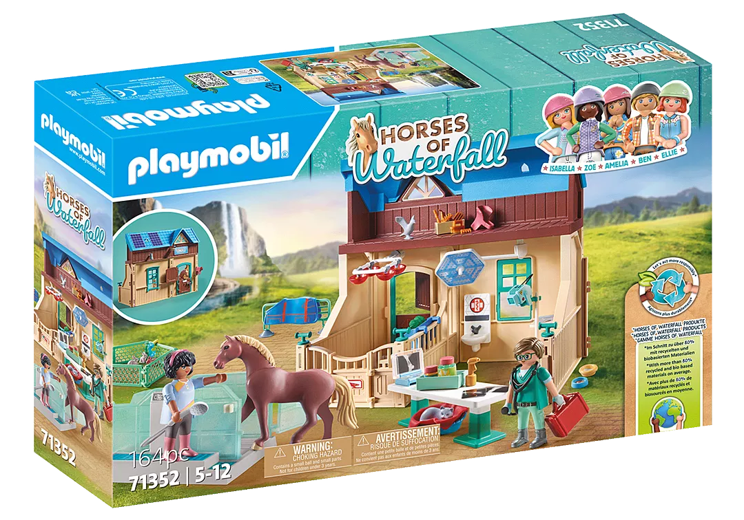 Horses of Waterfall | Riding Therapy & Vet Practice set with clinic, therapeutic horse, vet Phil, and animal care equipment.