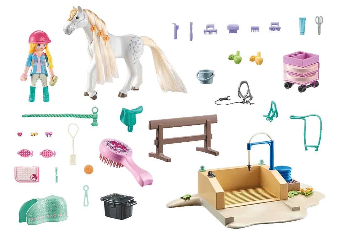 Horses of Waterfall | Washing Station & Isabella & Lioness playset with detailed horse, figure, grooming accessories, and wash station.