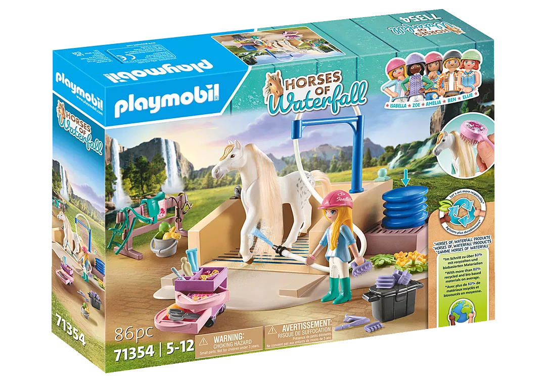 Playmobil Horses of Waterfall Washing Station with figure Isabella and Lusitano mare Lioness for styling and grooming fun.