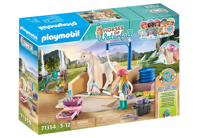 Playmobil Horses of Waterfall Washing Station with figure Isabella and Lusitano mare Lioness for styling and grooming fun.