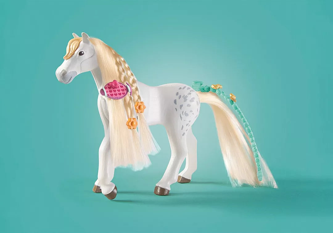 Horses of Waterfall | Washing Station & Isabella & Lioness detailed white Lusitano horse toy with styled mane and accessories.