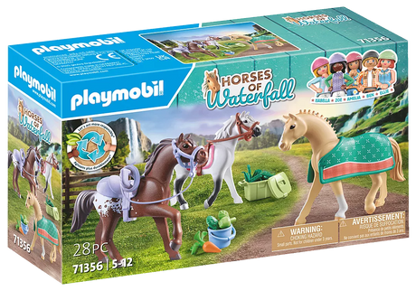 Playmobil Horses of Waterfall | Three Horse Set featuring Morgan, Quarter Horse, and Shagya Arabian with riding accessories.