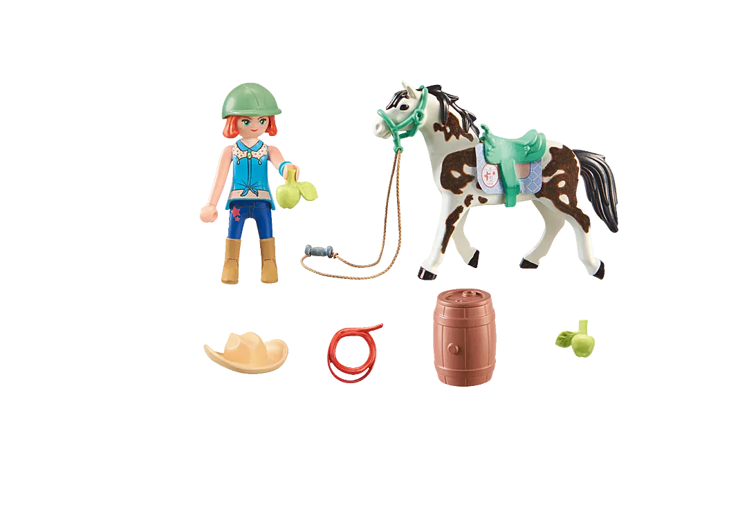 Horses of Waterfall | Feeding Time with Ellie & Sawdust featuring Ellie figure, horse, saddle, and feeding accessories.