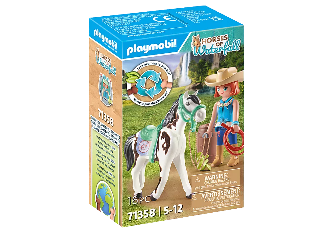 Playmobil Horses of Waterfall Feeding Time with Ellie & Sawdust set featuring horse and rider in western gear.